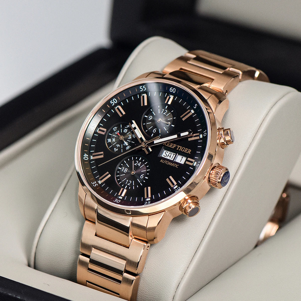 Reef Tiger Blue Chronograph Automatic Watch — Sapphire, 10BAR, 40mm