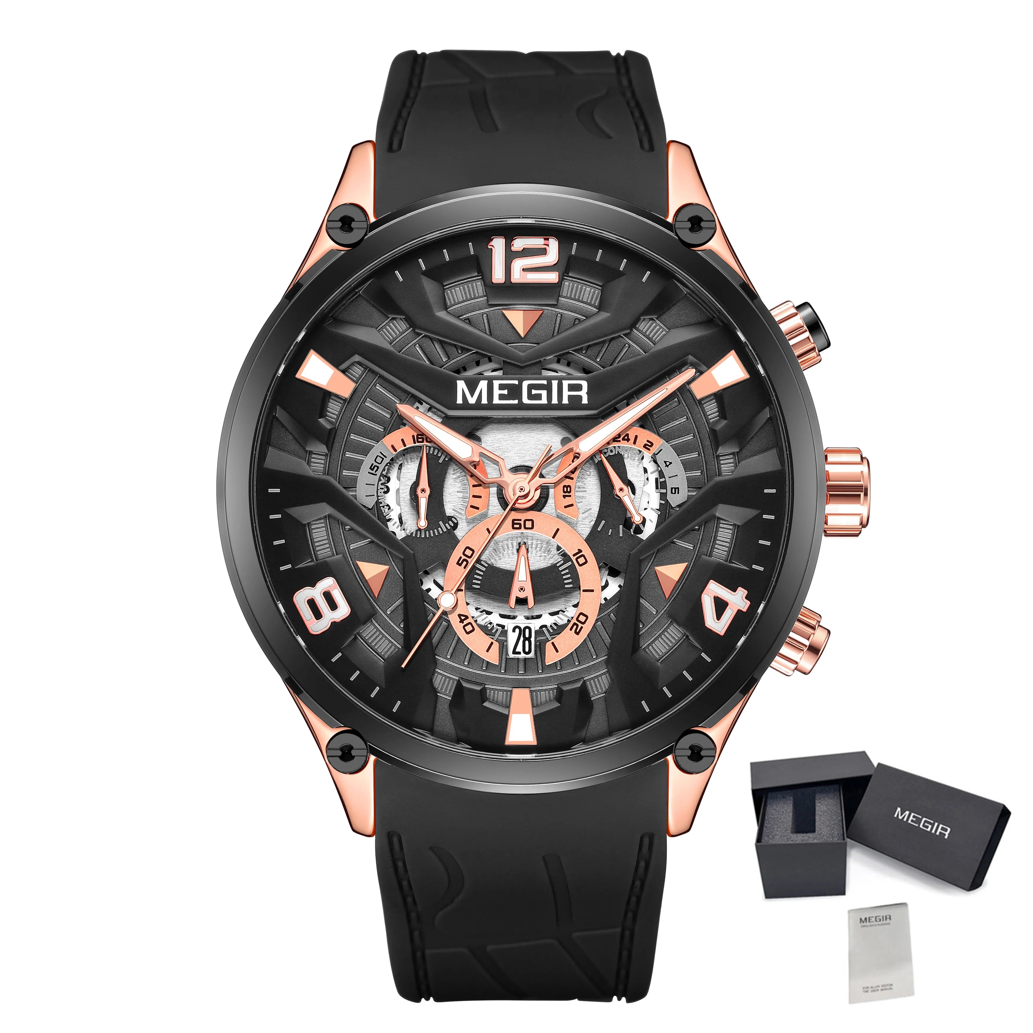 MEGIR 2222 Chronograph Silicone Watch — 43mm, Luminous, Day/Date