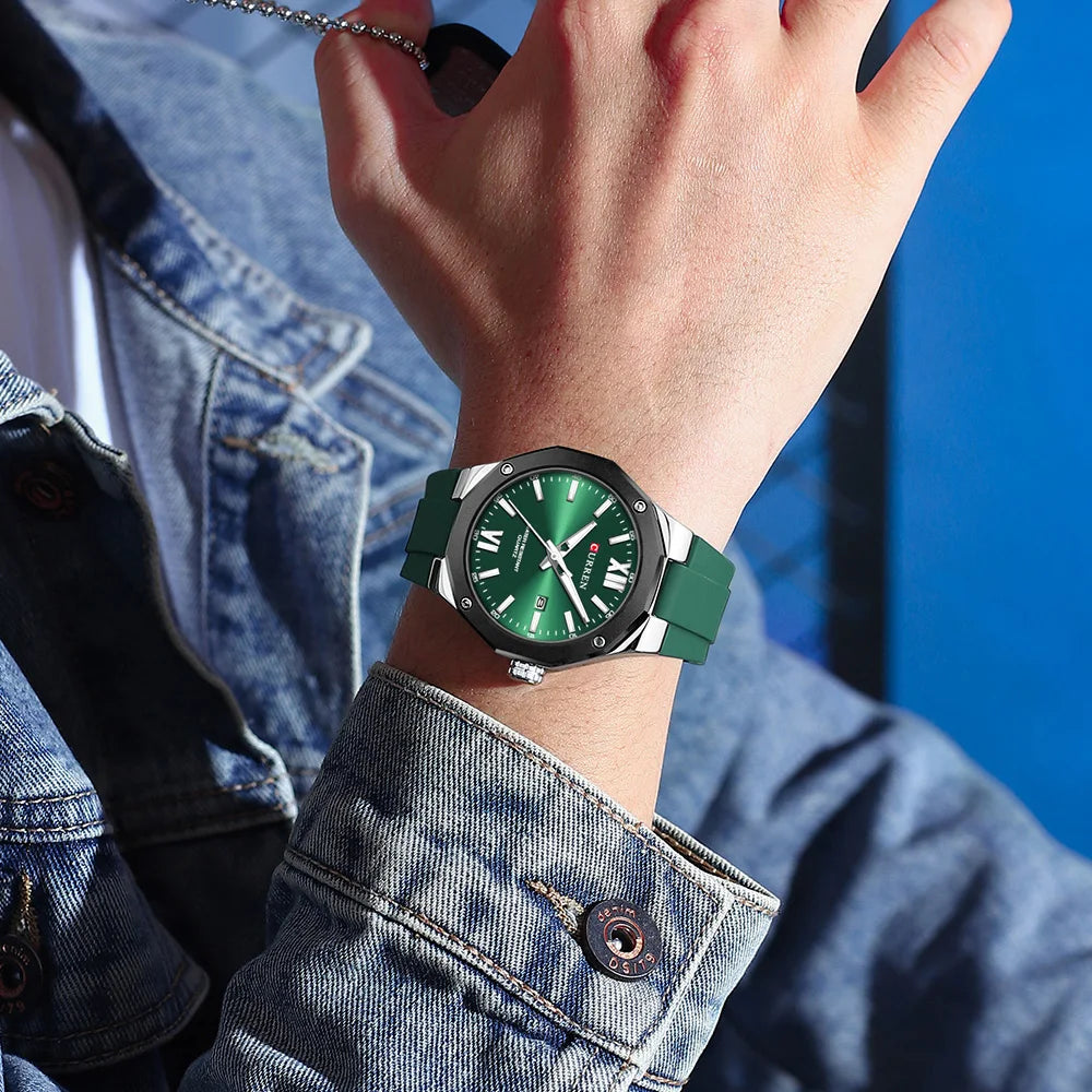 CURREN 8465 Business Silicone Quartz Watch — 42mm, Day/Date, Luminous