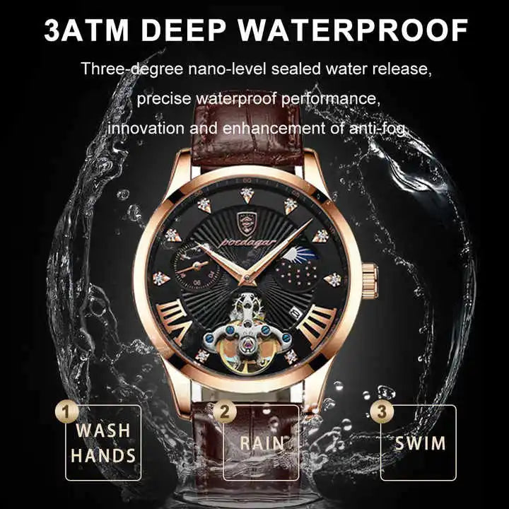 POEDAGAR 906 Diamond Leather Watch — 41mm Oval, Day/Date, Luminous