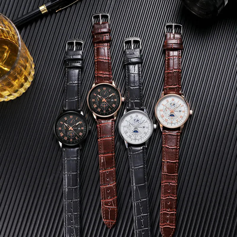 Men's Fashion Leather Oval Quartz Watch — 40mm, Day/Date, 3BAR