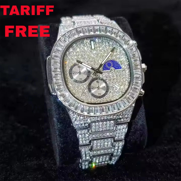 Iced Out Diamond Square Quartz Watch — 44mm, Day/Date, 3BAR