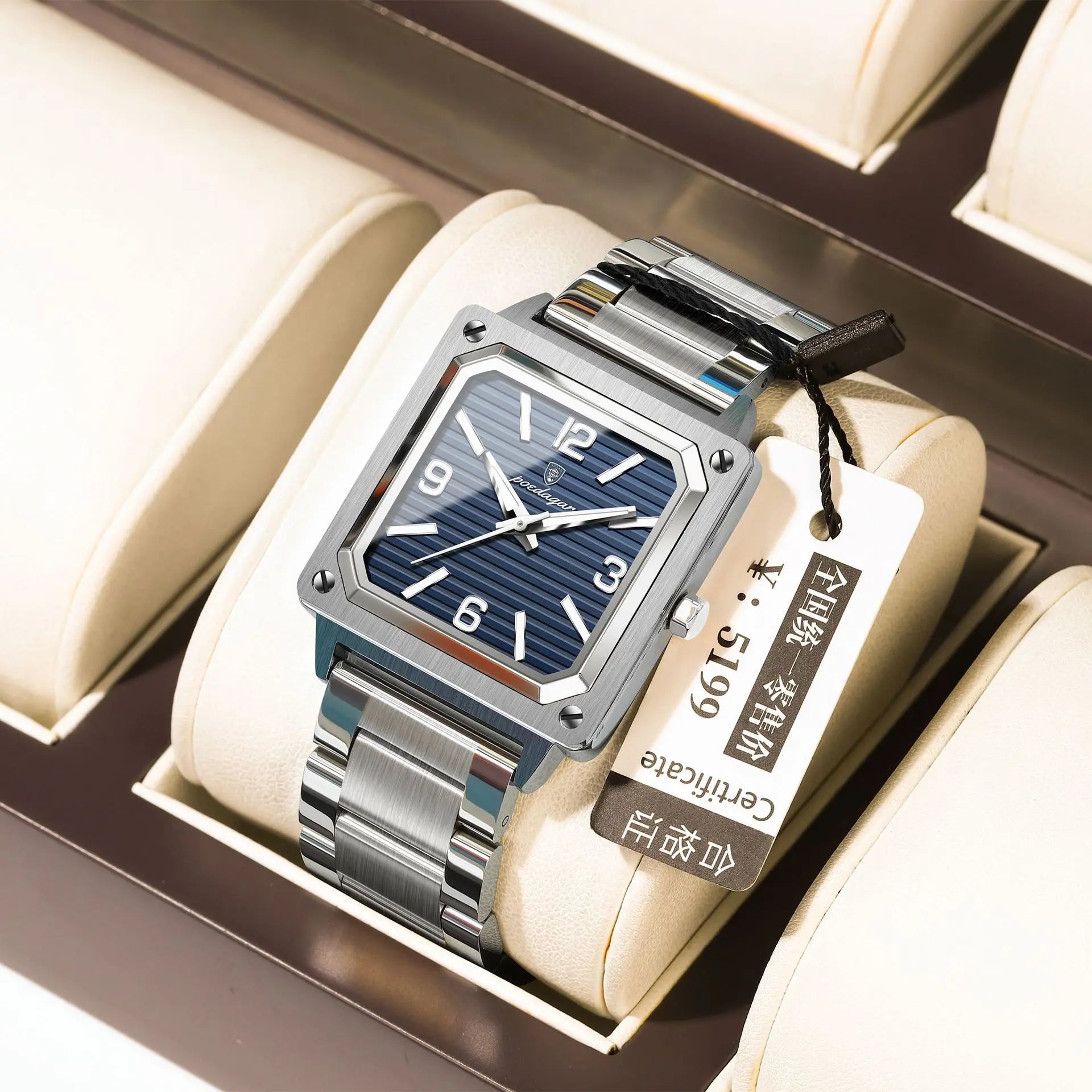 POEDAGAR 870 Big Dial Square Quartz Watch — Day/Date, Stainless, 3BAR