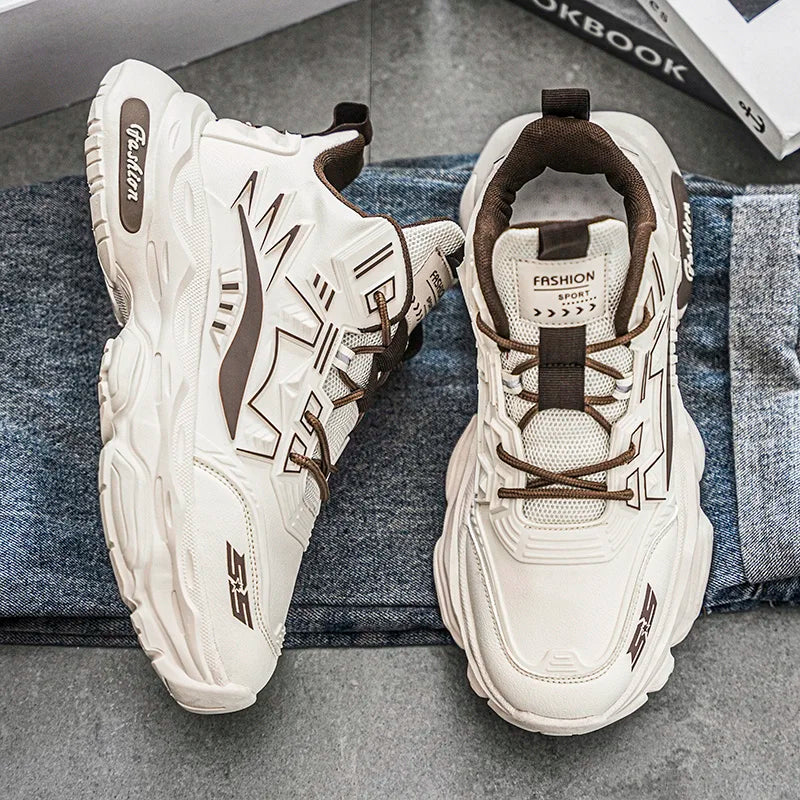 2025 Logo Custom Premium Synthetic Leather Breathable Mesh Chunky Sole Sneakers for Men Geometric Pattern Fashion Athletic Shoes