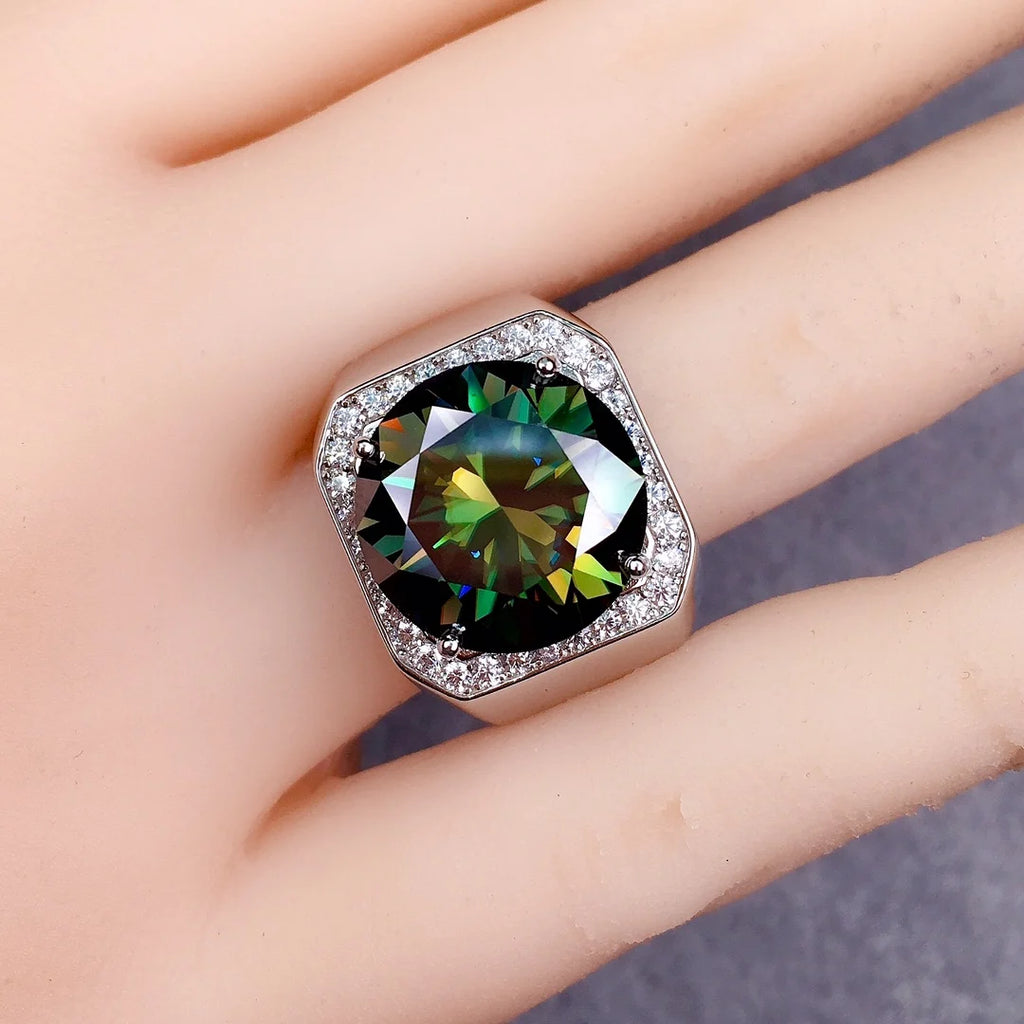 Silver 925 Original 10 Carat Excellent Cut Diamond Test Past Large Green Moissanite Ring for Men Gift Brilliant Gemstone Jewelry