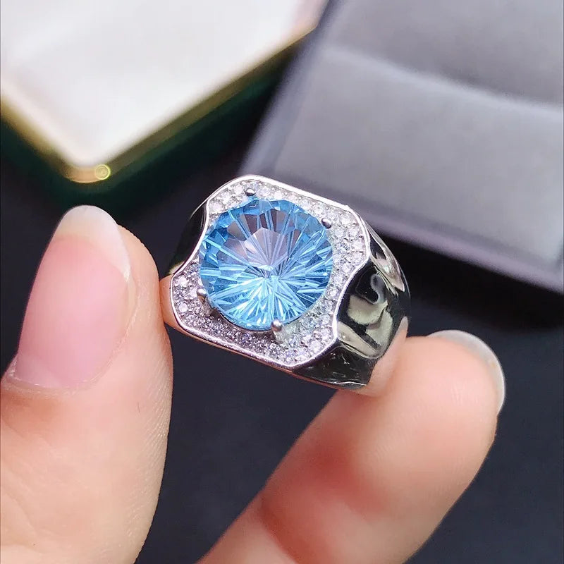 925 Sterling Silver 4CT Round Cut Blue Topaz Mens Halo Rings Silver Gemstone Engagement Rings