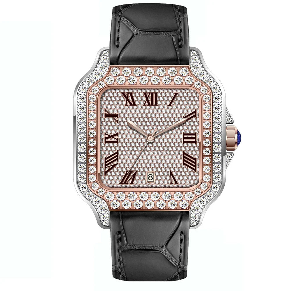 Hip Hop Square Moissanite Watch — Automatic, Leather Strap, Sapphire