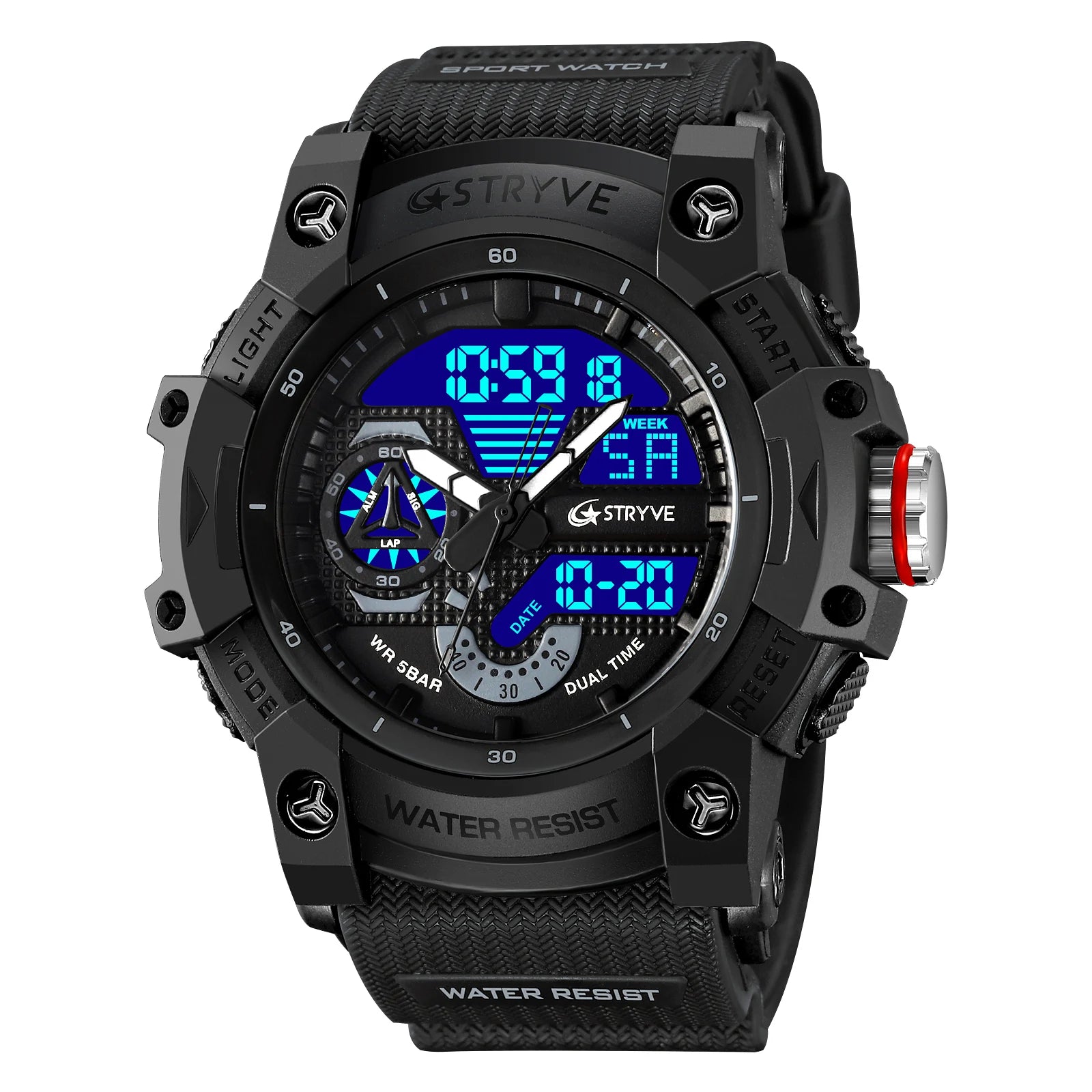 STRYVE LED Digital Watch — 52.5mm, Transparent, 5BAR, Alarm, Stopwatch
