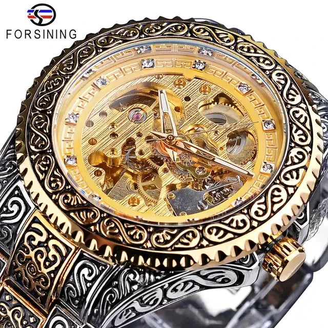 Forsining Gold Diamond Skeleton Automatic Watch — 44mm Oval, Luminous