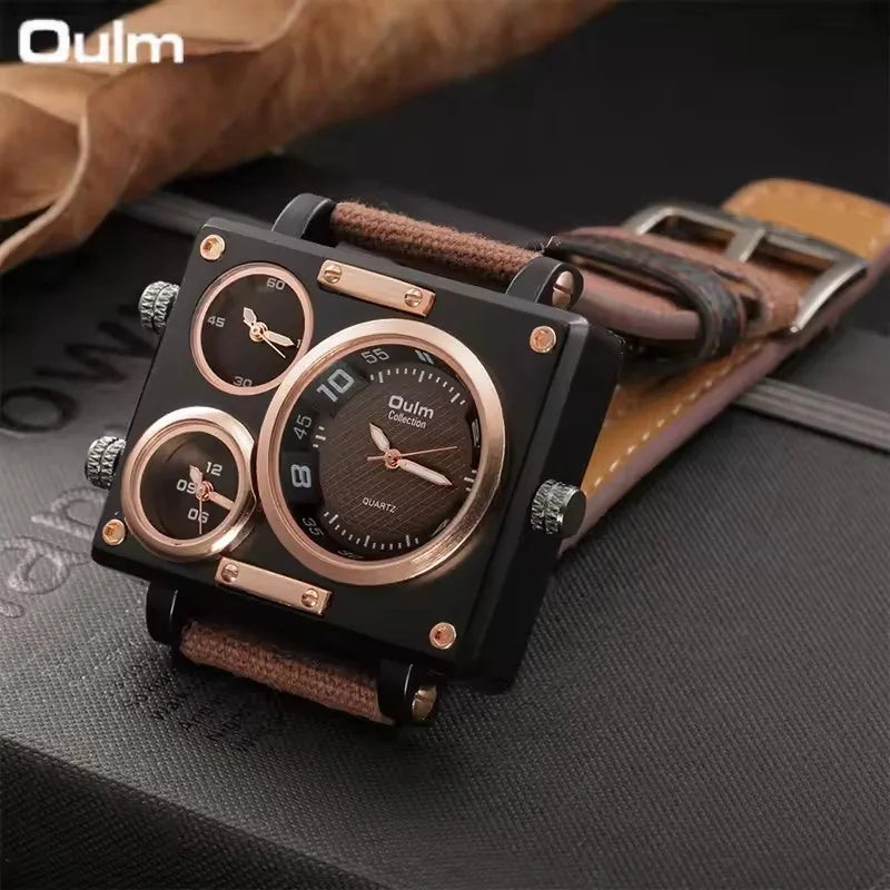 Oulm 3595 Large Dial Dual Time Zone Quartz Watch — 50mm Square, Leather