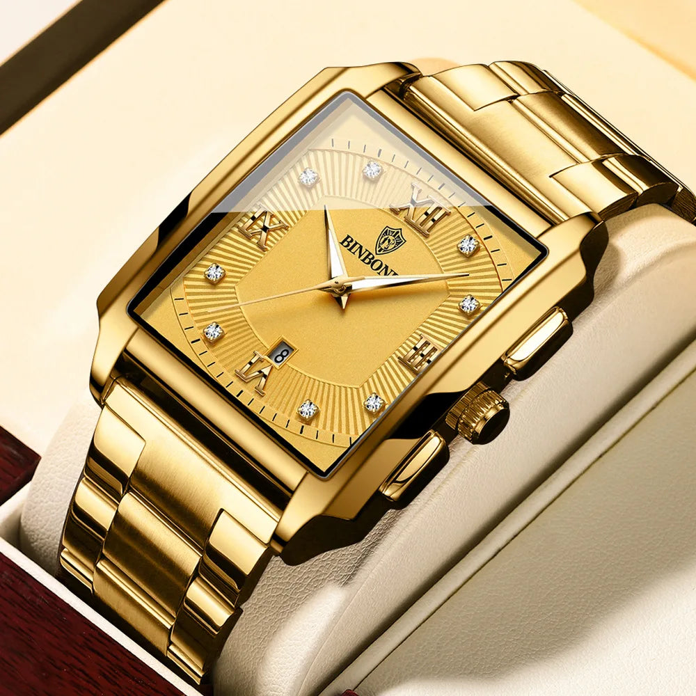 BINBOND B4143 Square Quartz Watch — 43mm, Luminous, Day/Date, 3BAR