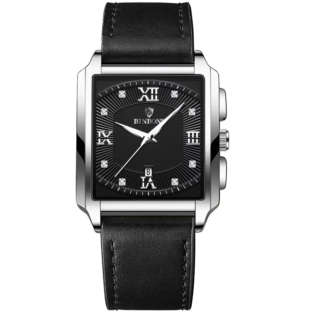 BINBOND B4143 Square Quartz Watch — 43mm, Luminous, Day/Date, 3BAR