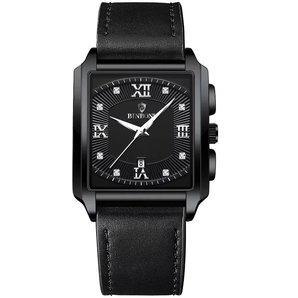 BINBOND B4143 Square Quartz Watch — 43mm, Luminous, Day/Date, 3BAR