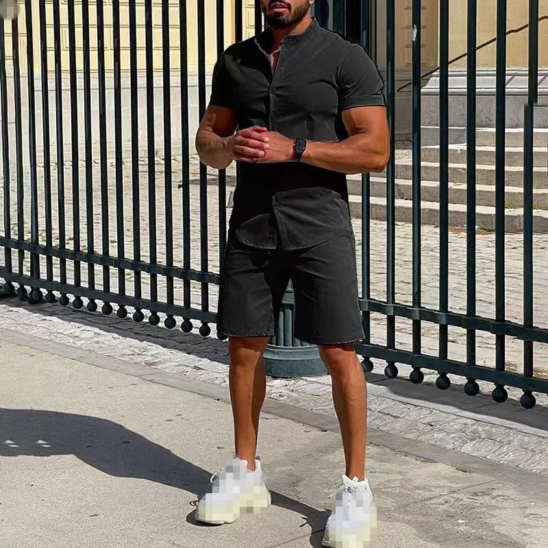 Casual Mens Shirt Set Fashion Stand Collar Short Sleeve Tops and Shorts Two Piece Set Summer Solid Color Men Tracksuit Outfits