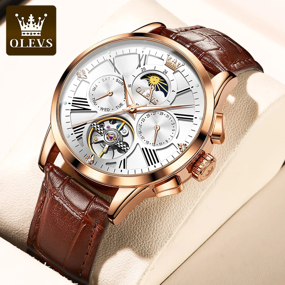 OLEVS 9912 Automatic Mechanical Watch — 40.5mm, Leather, Coated Glass