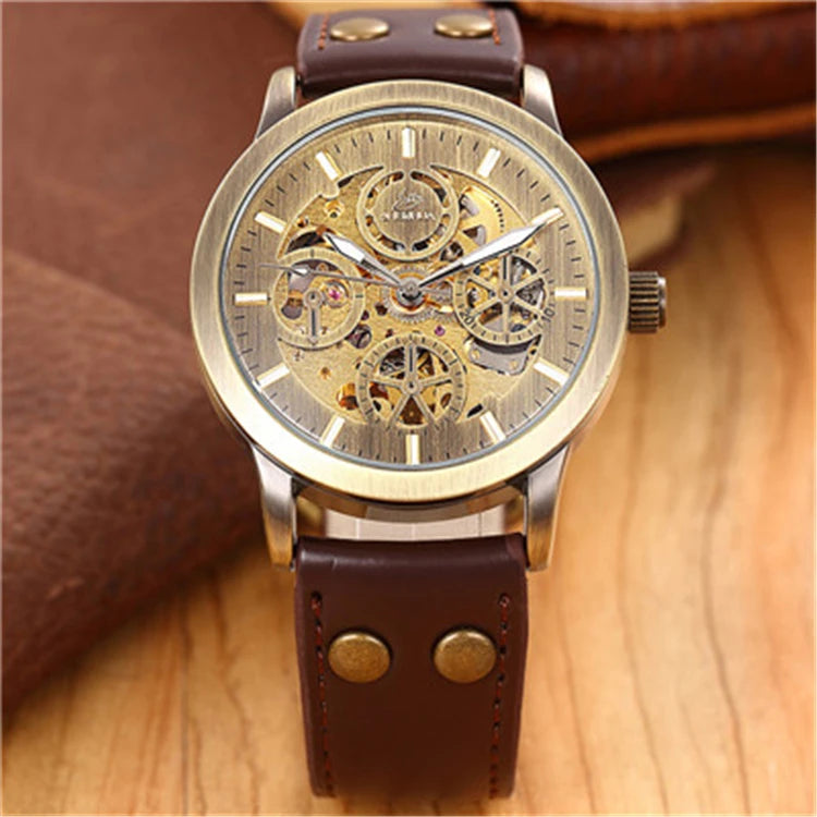 SHENHUA Vintage Bronze Transparent Automatic Watch — 42mm, Hardlex, Leather