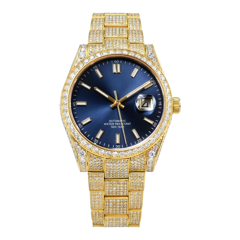 Premium Iced Out Moissanite Automatic Watch — 43mm, Sapphire, Day/Date