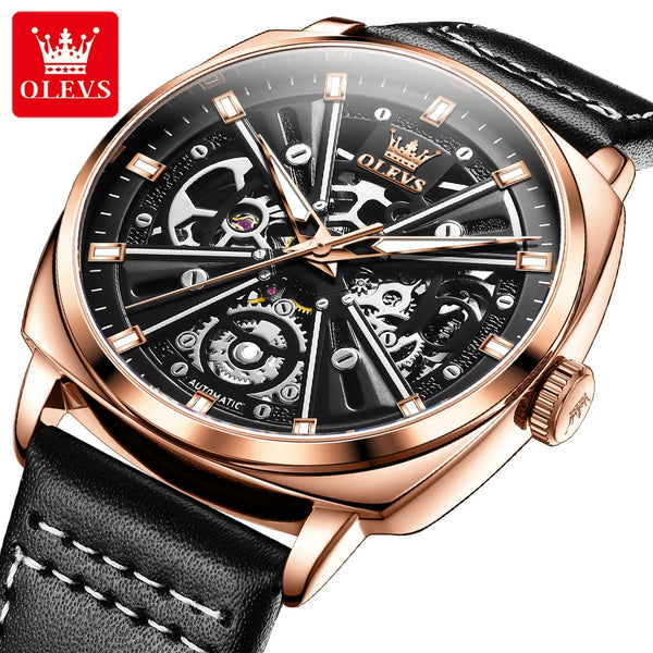 OLEVS 6685 Luminous Skeleton Automatic Watch — Power Reserve, 3BAR