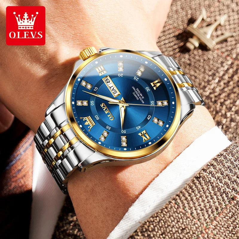 OLEVS 3620 Diamond Chronograph Quartz Watch — 41mm, Auto Date, Luminous
