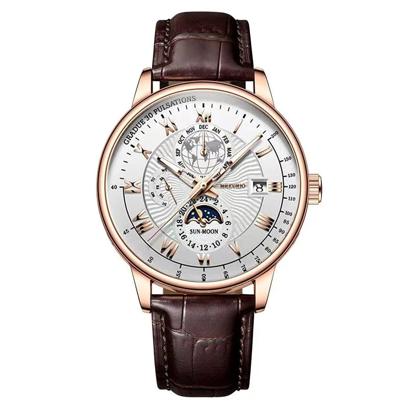 Men's Fashion Leather Oval Quartz Watch — 40mm, Day/Date, 3BAR