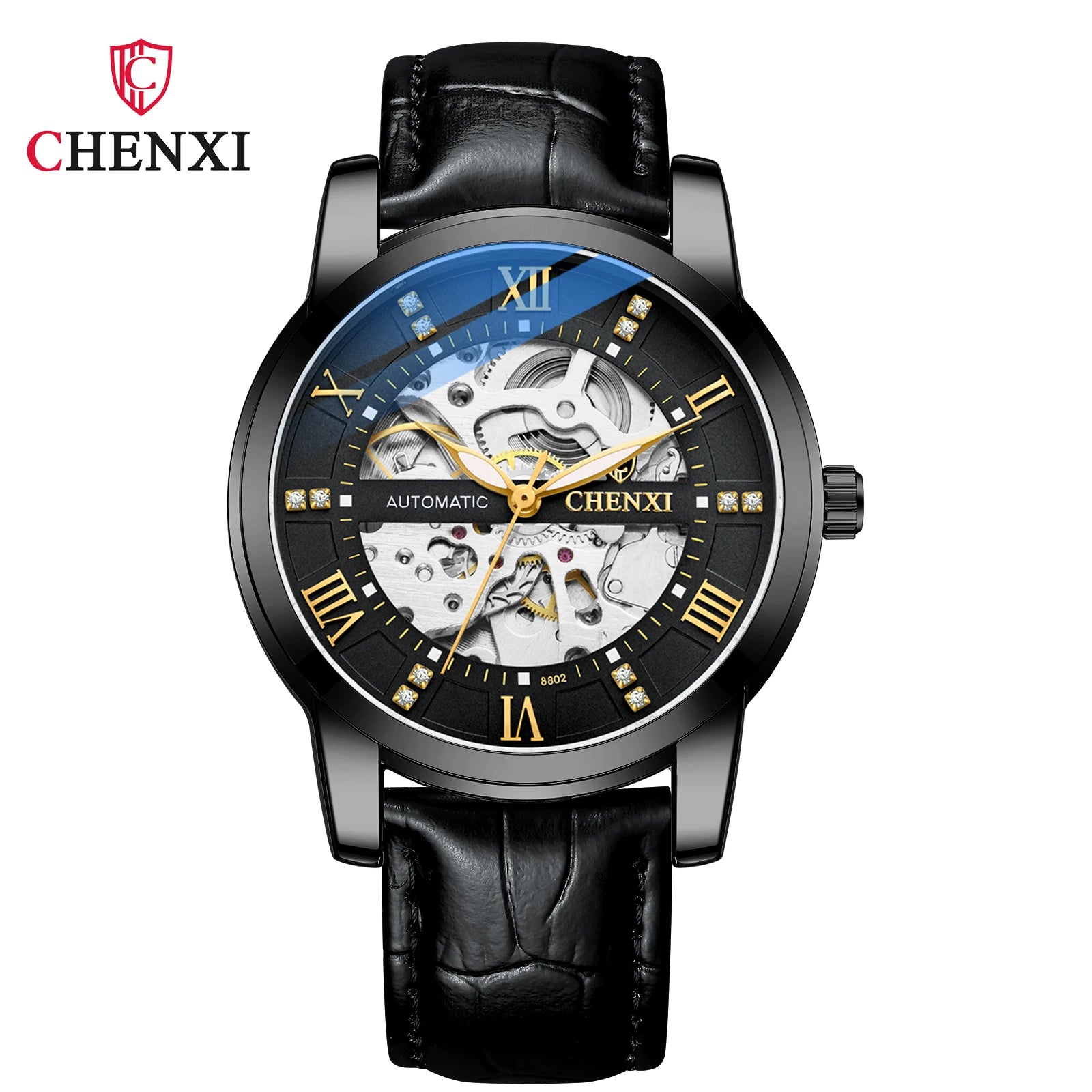 CHENXI 8802 Hollow Mechanical Watch — 40mm Oval, Leather Strap, Luminous