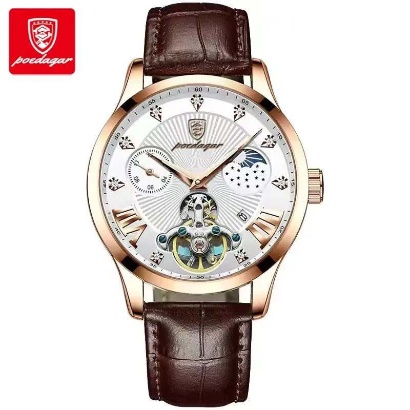 POEDAGAR 906 Diamond Leather Quartz Watch — 41mm Oval, Luminous, 3BAR