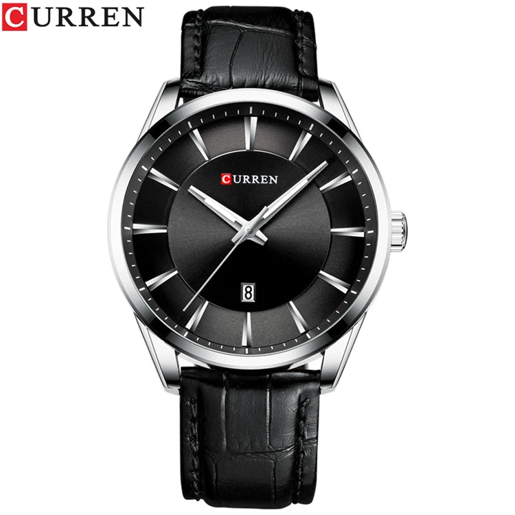 CURREN 8365 Slim Leather Quartz Watch — 45mm, Day/Date, Hardlex