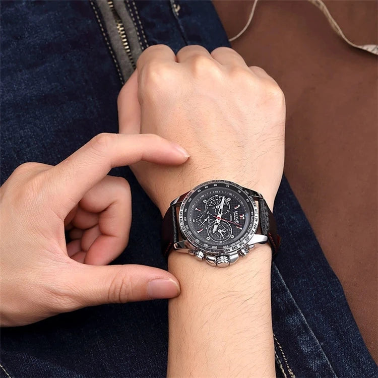 MEGIR 1010 Japan Quartz Chronograph Watch — 45mm, Leather, Luminous