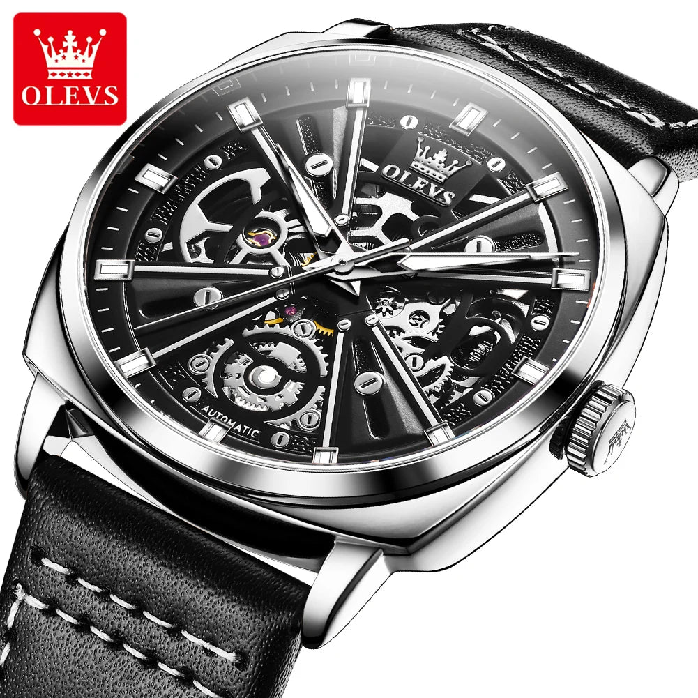 OLEVS 6685 Luminous Skeleton Automatic Watch — Power Reserve, 3BAR