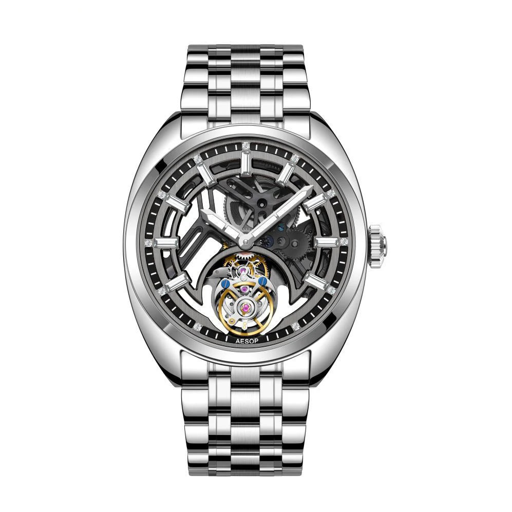 Flying Tourbillon Skeleton Color Diamond Watch — Square, Sapphire, Leather