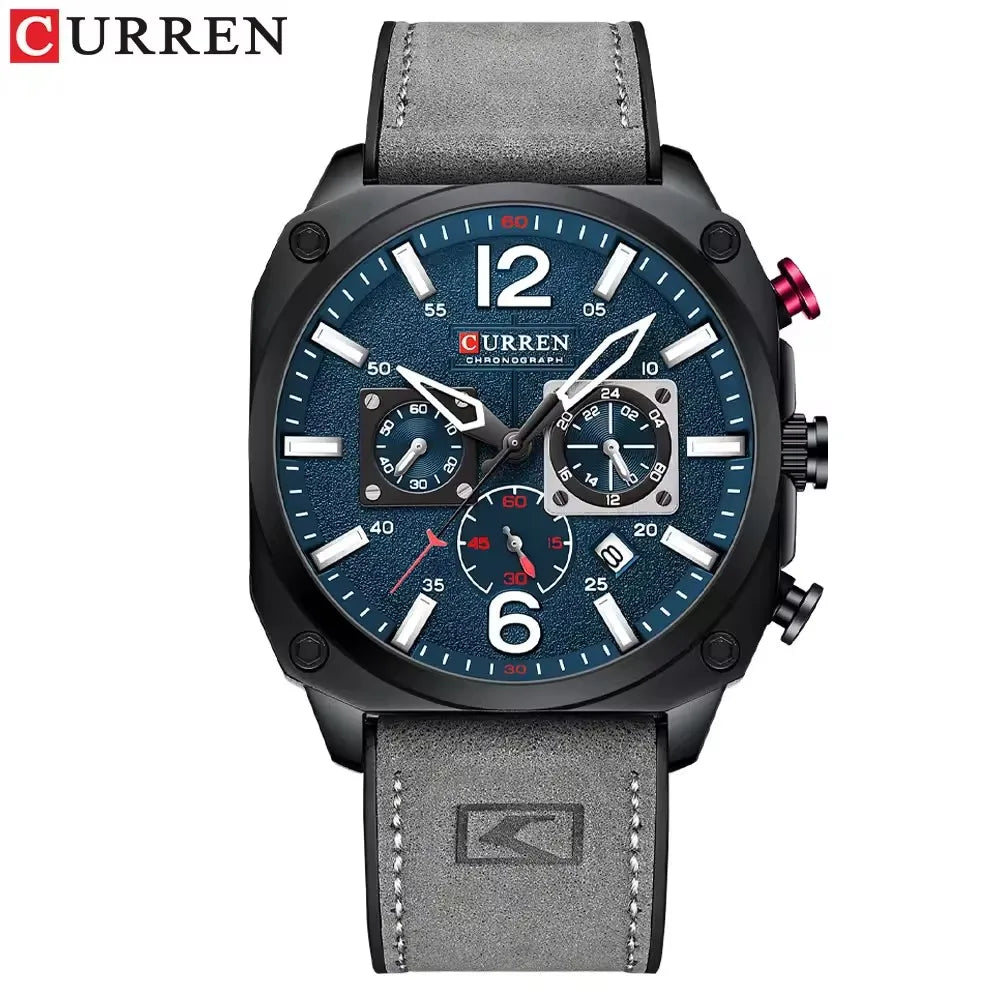 CURREN 8398 Leather Chronograph Watch — 45mm, Stopwatch, Luminous, 3BAR