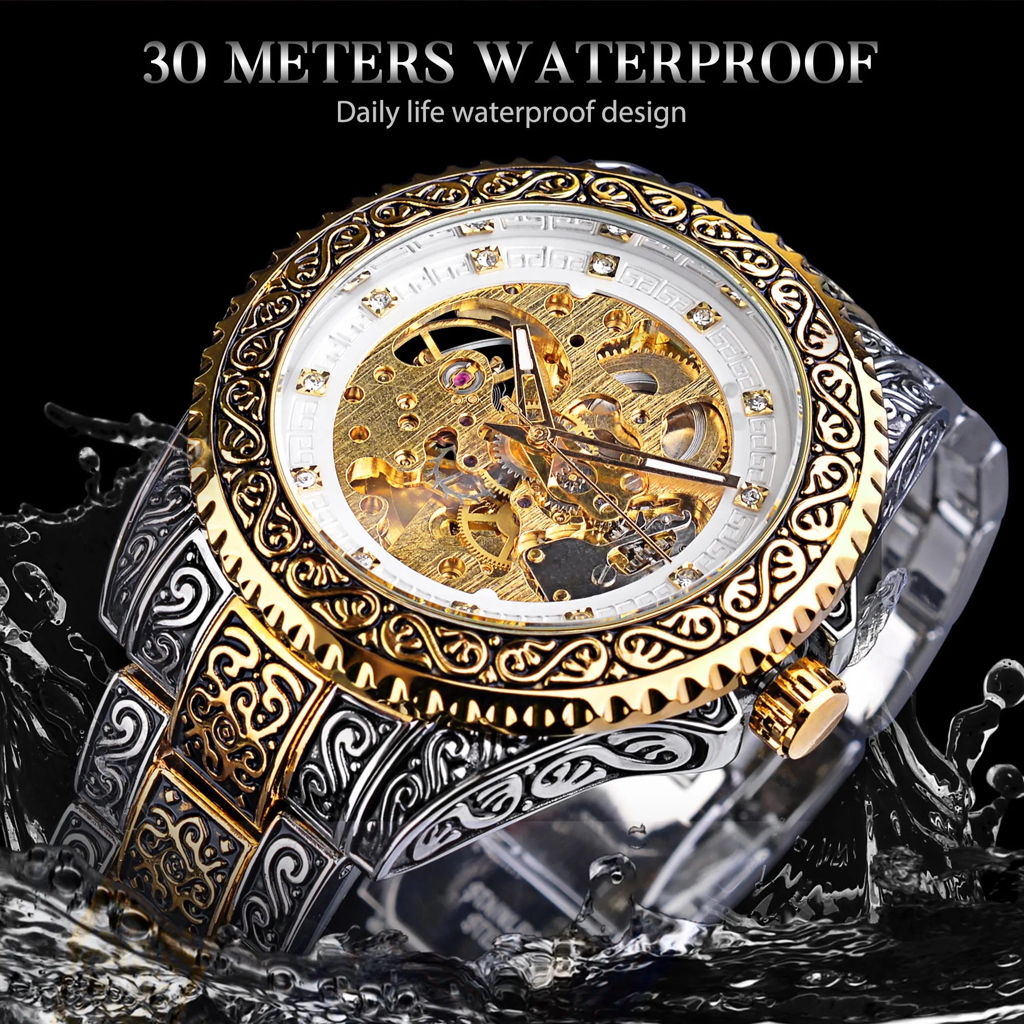 Forsining Gold Diamond Skeleton Automatic Watch — 44mm Oval, Luminous