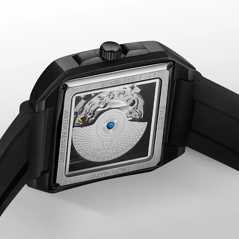 Fairwhale Skeleton Automatic Watch — Square Case, Silicone Strap, 3BAR