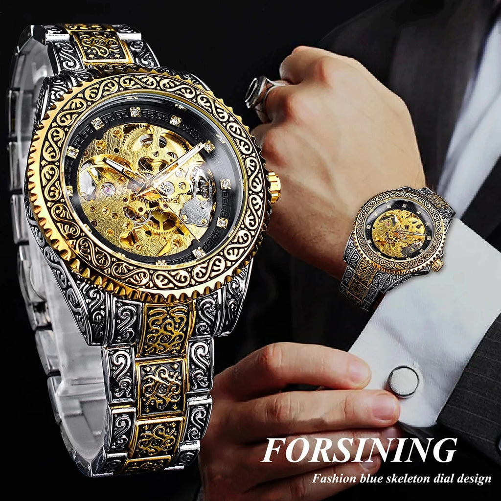 Forsining Gold Diamond Skeleton Automatic Watch — 44mm Oval, Luminous