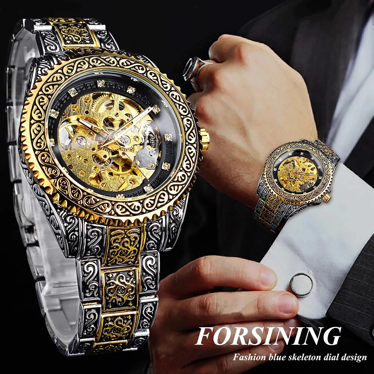 Forsining Gold Diamond Skeleton Automatic Watch — 44mm Oval, Luminous