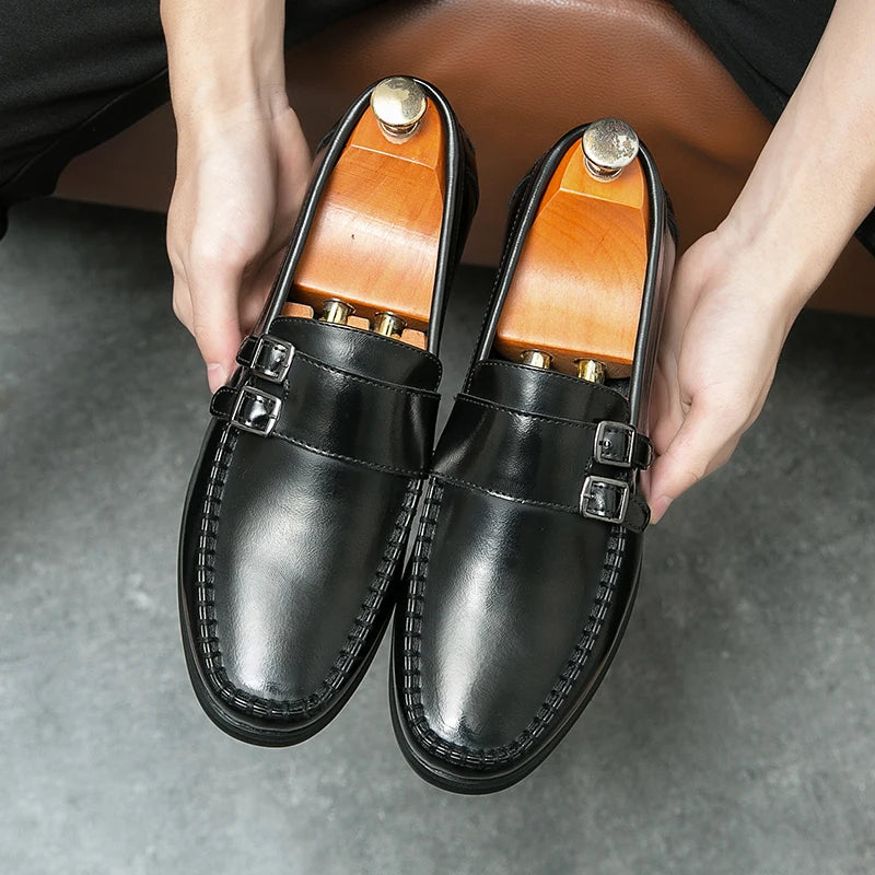 Red Color Double Monk Strap Shoes for Men Classic Comfortable Durable Flat Lightweight Slip on Casual Daily Dress Shoes