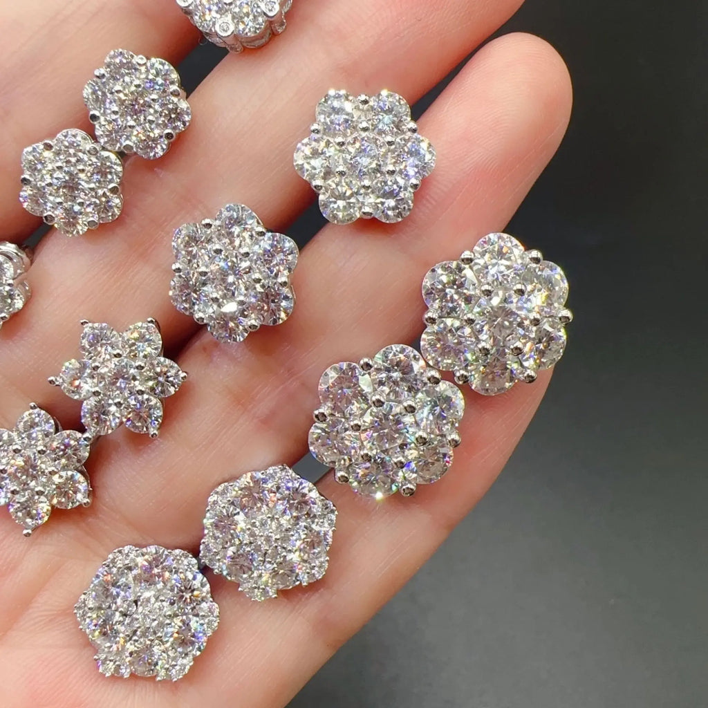 Sparkle 3MM 10 Points Diamonds 925 Sterling Silver VVS Moissanite Gold Round Diamond Cluster Flower Earrings