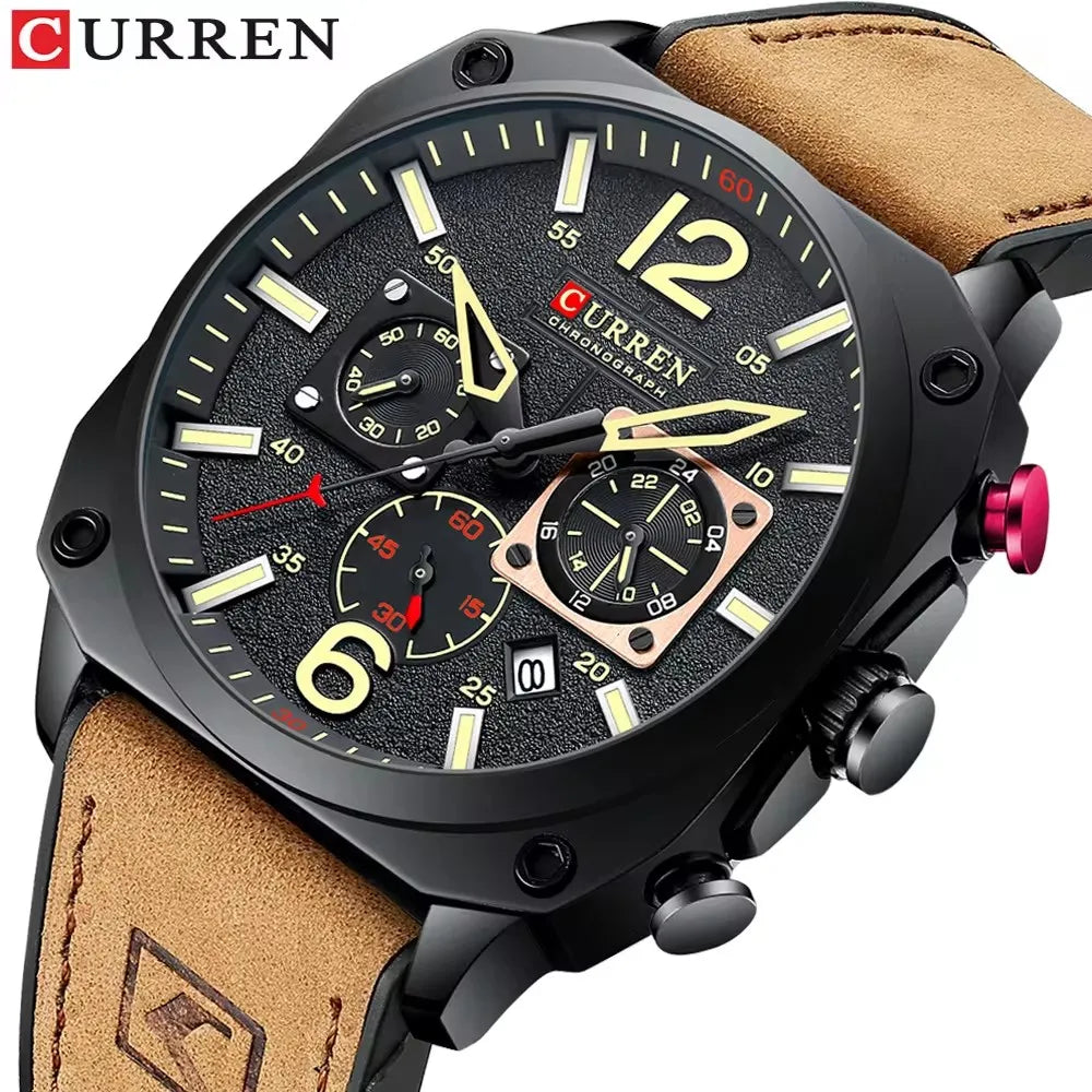 CURREN 8398 Leather Chronograph Watch — 45mm, Stopwatch, Luminous, 3BAR
