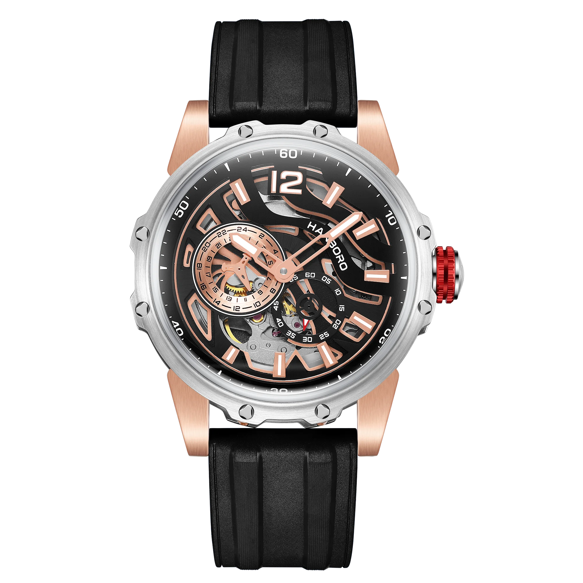 HANBORO Zebra Stripe Automatic Watch — 44mm Round, Crystal, Rubber Strap