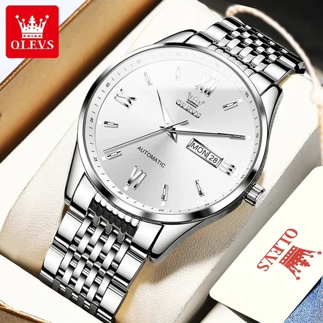 OLEVS 6777 Automatic Mechanical Watch — 40mm, Leather, Full Calendar