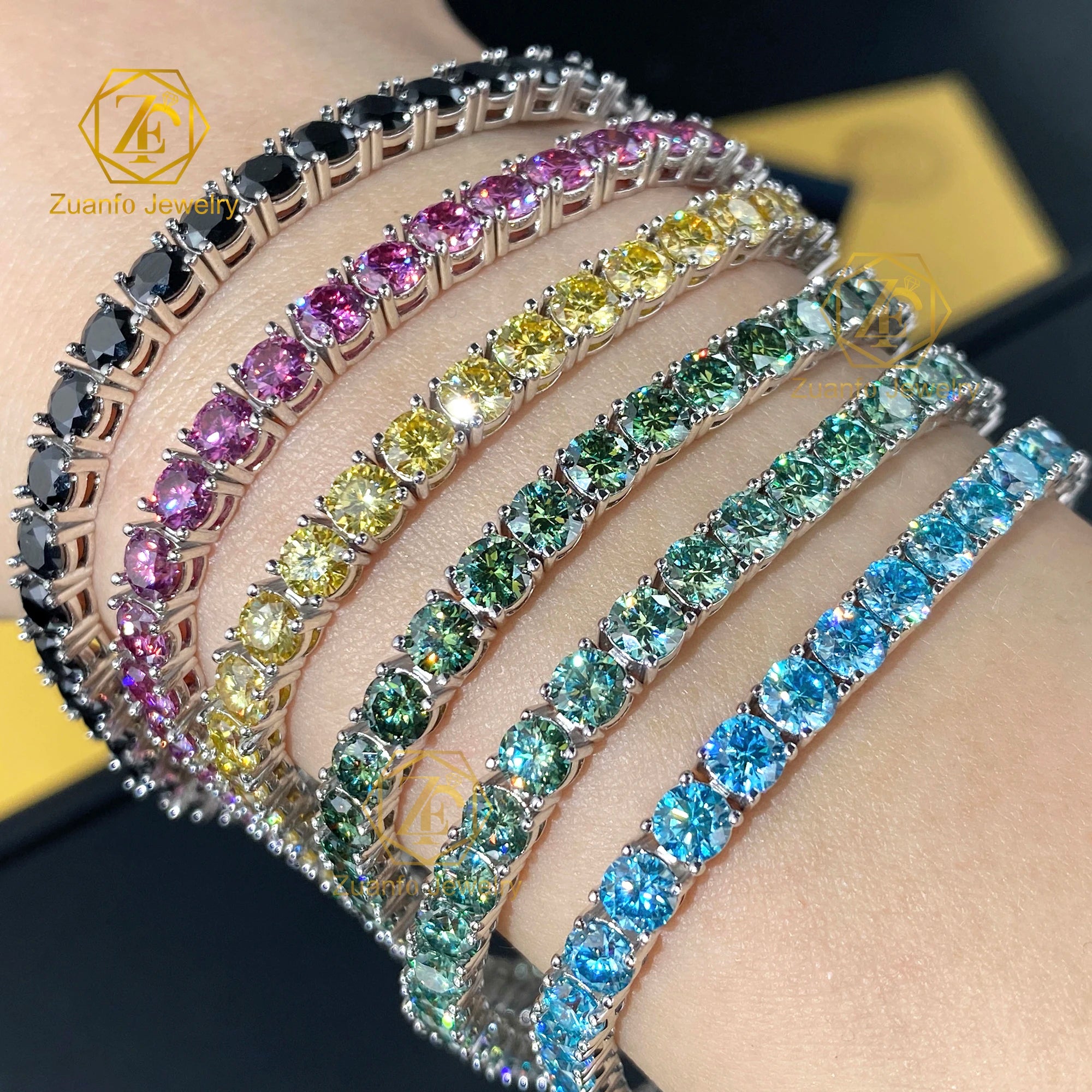 2026 Customizable 925 Sterling Silver Tennis Bracelet Blue-Pink-Yellow-Black-Blue-Green Moissanite Jewelry Gold Plated Gift