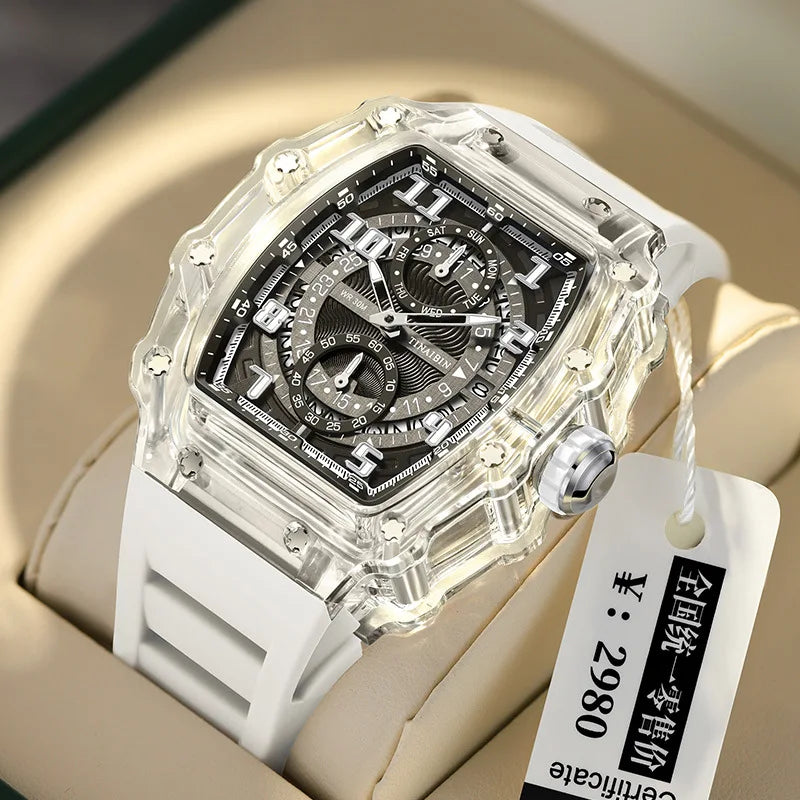 TINAIBIN Transparent Tonneau Quartz Sport Watch — 44.5mm, Luminous, 3BAR