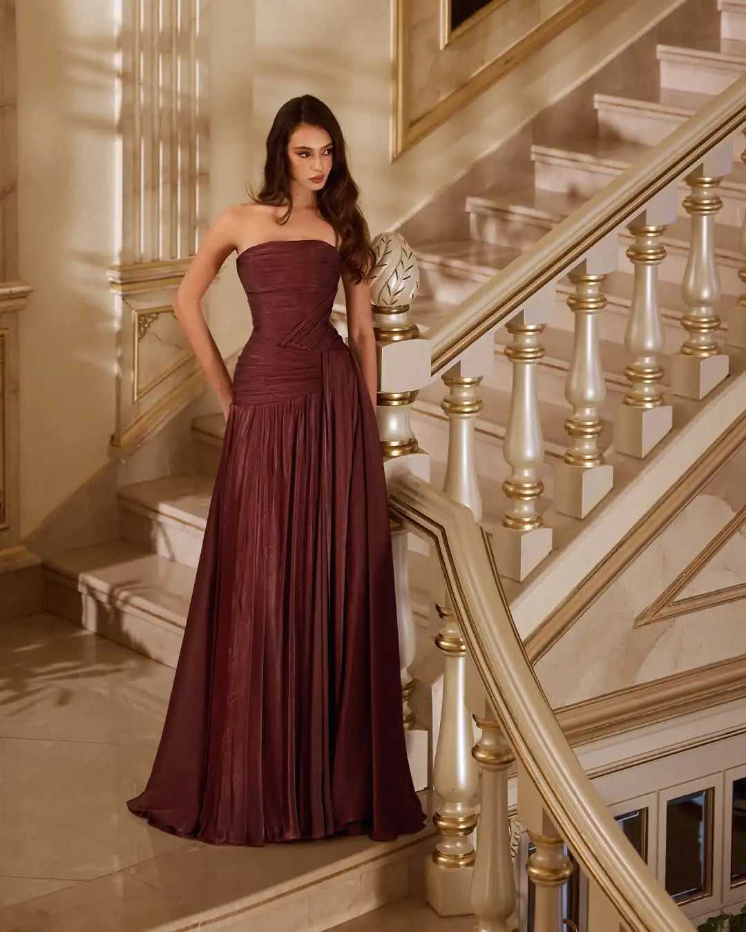 Sharon Said SF175 Rust Red a Line Evening Dress Side Skirt Pleated Draped Women's Simple Prom Party Gowns