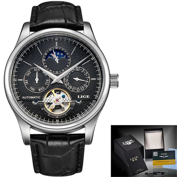 LIGE Skeleton Moon Phase Quartz Watch — 42mm, Leather, Japan Movement