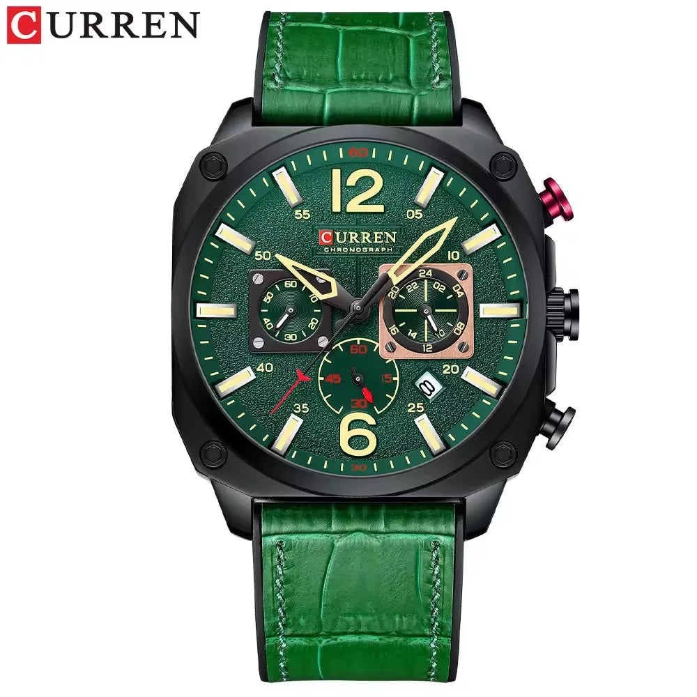 CURREN 8398 Leather Chronograph Watch — 45mm, Luminous, Stopwatch