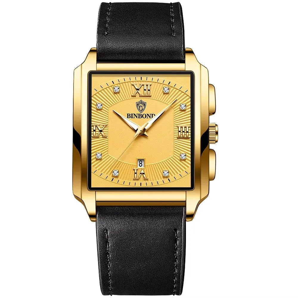 BINBOND B4143 Square Quartz Watch — 43mm, Luminous, Day/Date, 3BAR