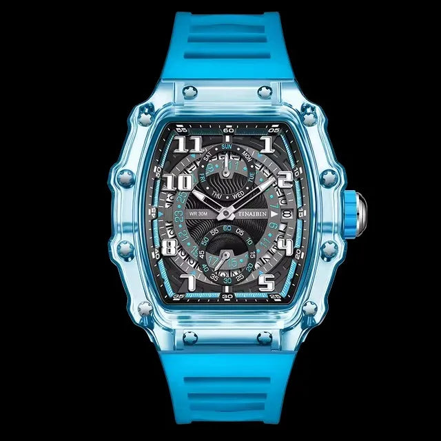 TINAIBIN Transparent Tonneau Quartz Sport Watch — 44.5mm, Luminous, 3BAR