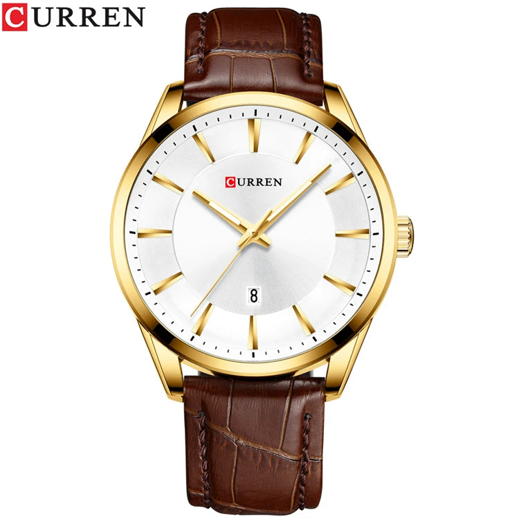 CURREN 8365 Slim Leather Quartz Business Watch — 45mm, Day/Date