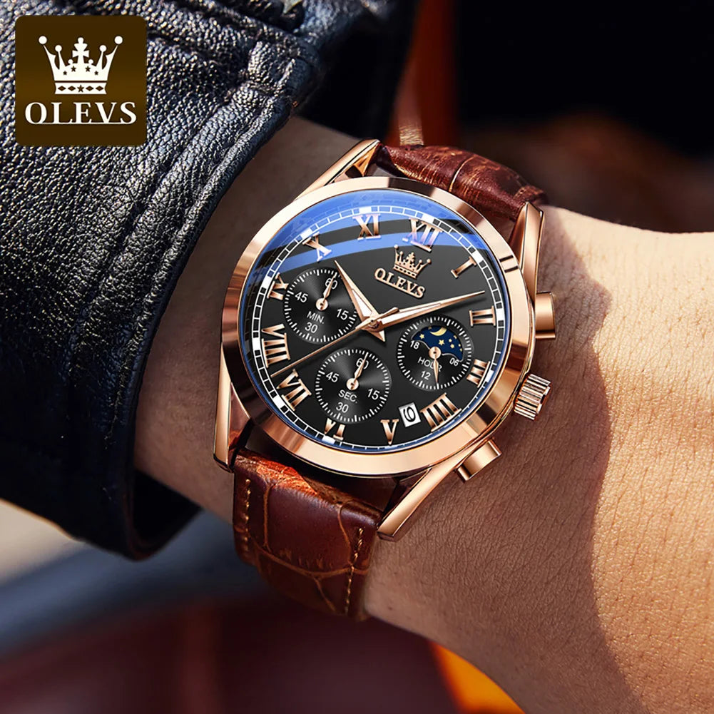 OLEVS 2871 Moon Phase Quartz Watch — 41mm, Leather, Hidden Clasp