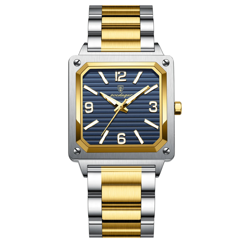 POEDAGAR 870 Big Dial Square Quartz Watch — Day/Date, Stainless, 3BAR